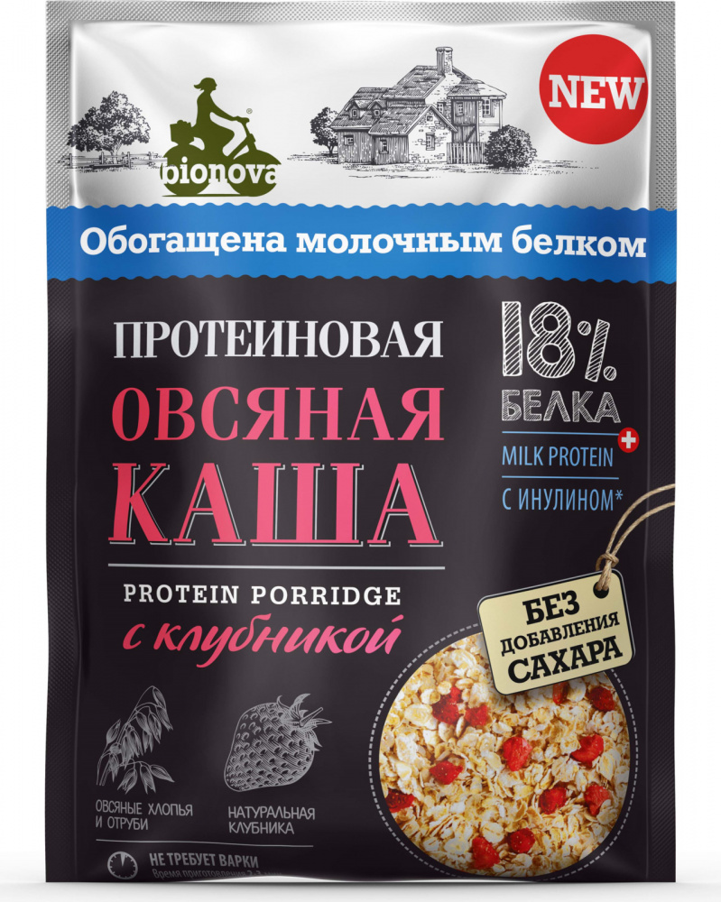 Протеиновая овсяная каша Bionova с клубникой milk protein быстрого приготовления 40 г - фото